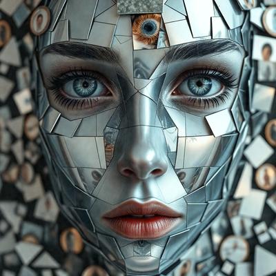 The primary subject of the image is a woman with a silver face, which is made up of various mirrors and shards. The setting is a room with a backdrop of many mirrors, creating a visually striking and unique visual style. The colors and mood of the image are predominantly silver and metallic, giving it a futuristic and artistic appearance.